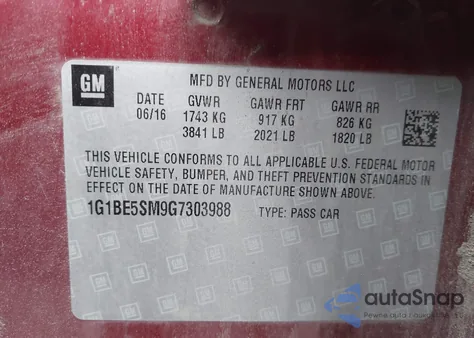 2016 Chevrolet Cruze Lt Auto from USA, damaged, VIN 1G1BE5SM9G7303988